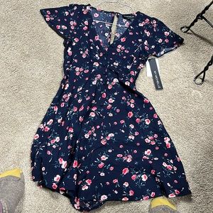 My Michelle, dark blue with red flowers, romper, size extra small